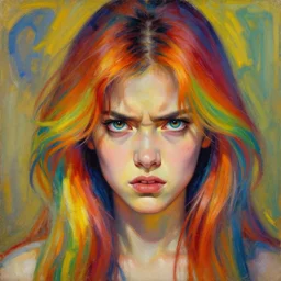 a young woman with beautiful rainbow hair. she looks very angry. beautiful painting by artgerm and greg rutkowski and alphonse mucha
