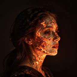 a woman's face in profile, made of embers, in the style of the dutch masters and gregory crewdson, dark and moody