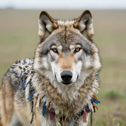closeup portrait of a wolf wearing a cloak made of ribbons and twine, in an empty field, by Annie Leibovitz and Steve McCurry, natural light, detailed face, CANON Eos C300, ƒ1.8, 35mm, 8K, medium-format print