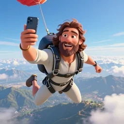 Jesus taking a selfie while skydiving, pixar artstyle, hyperdetailed, artstation, accurate, octane render, 8k
