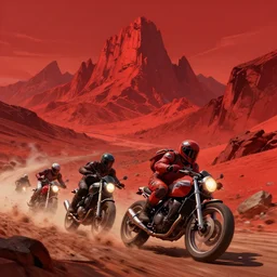 sci - fi art, motorbikers race in hell, red peaks in the background, art by ismail inceoglu