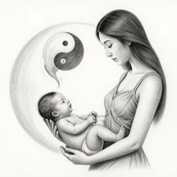 a drawing of a woman giving birth to emercging yin - yang daoist symbol, black and white detailed pencil drawing dao