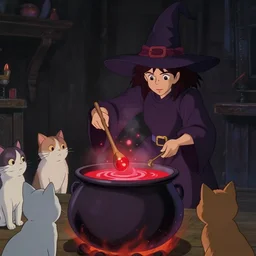 a wholesome animation key shot of a witch cooking a magic point in her cauldron of bubbling red liquid as her cats watch, medium shot, waist up, studio Ghibli, Pixar and Disney animation, sharp, Rendered in Unreal Engine 5, anime key art by Greg Rutkowski, Bloom, dramatic lighting, J. C. Leyendecker