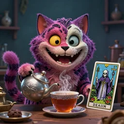 Happy Cheshire Cat brewing tea, Death Tarot card,highly detailed,half skull face,cinematic,8k,by Stanley Artgermm,Tom Bagshaw,Greg Rutkowski,Carne Griffiths, Ayami Kojima, Beksinski, Giger,trending on DeviantArt,hyper detailed,horror, full of colour