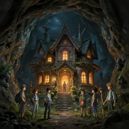 the house in the cave, unreal engine, fantasy art by greg, loish, race, ferdinand knab, tom bagshaw, makoto shinkai and louis van baerle, rossdraws, ilya kuvshinov, night lighting, studio ghibli trends, highly detailed, 8 k, octane rendering