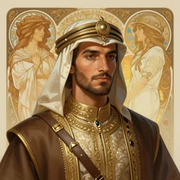 A full portrait of an ancient arabian scout, intricate, elegant, highly detailed, digital painting, artstation, concept art, smooth, sharp focus, illustration, art by Krenz Cushart and Artem Demura and alphonse mucha