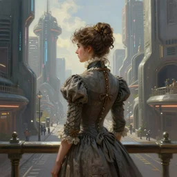 portrait of a victorian lady in a futuristic city, from behind, streets, beautiful, sci-fi, open sky, tall buildings, highly detailed, digital painting by Cuno Amiet
