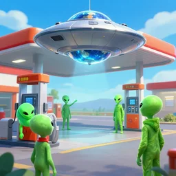 aliens in a ufo who are visiting earth asking for directions outside a gas station, digital art, 4 k crisp edges
