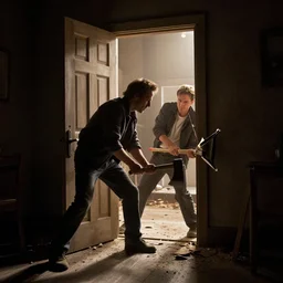 ben stiller starring in the shining saying here's johnny! with an axe chopping down door, cinematic still,