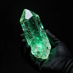 a glowing green crystalline shard of kryptonite held in an open black - gloved hand, black background