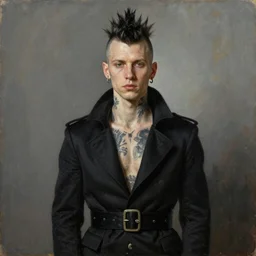portrait of a handsome man in a black outfit, punk mohawk, shirtless tattoos, piercings, a flemish baroque by alexander mcqueen, art by john collier by greg rutkowski and craig mullins, oil on canvas
