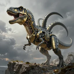beautiful hydra robosaurus titan colossus full body well proportioned pacing to cliffs by eddie mendoza hyperrealism expressive eyes cyborgess symmetrical very very detailed giger beksinski grey and gold