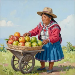 A beautiful oil cartoony painting of a indigenous bolivian old woman, vending fruits by Lucas Graciano, Frank Frazetta, Greg Rutkowski, Boris Vallejo, epic fantasy character art, high fantasy, Exquisite detail, post-processing, low angle, masterpiece, cinematic