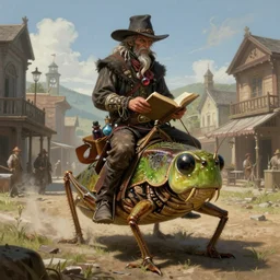 A very highly detailed wild west magical sorcerer wizard with a very highly detailed face with spellbooks and potions riding on a very higly detailed large grasshopper on the street of a wild west town digital rational painting art by Greg Rutkowski, magic fantasy highly detailed, digital concept art, sharp focus, realistic concept art by Stephen Hickman and James Gurney and Hiromasa Ogura Ghost in the Shell rendered in Octane Render, From the distance