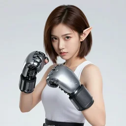 character portrait of young female elf, fisting monk, robotic punching gloves, brown bob haircut, green eyes, white skin, akihiko yoshida, james jean andrei riabovitchev marc _ simonetti, yoshitaka amano