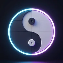 a neon ying - yang made from blocks on a dark background, digital art