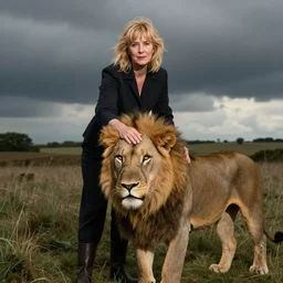Sally Breton as Lucy from the British sitcom 'Not Going Out', patting a lion on the head