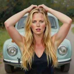 beautiful u charlize theron with long blonde hair locks holds over its head old volkswagen beetle, oil on canvas, naturalism