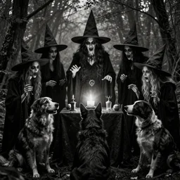 a creepy, horrifying photo of a coven of dogs in witch robes performing an evil ritual in the woods. black and white, noir, sepia, grainy, distorted, creepy, horror, vvitch, wicca