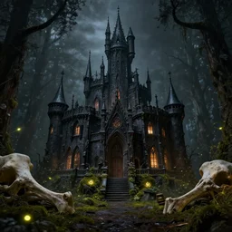 hyperrealistic photograph of the black castle of rotbog swamp, fireflies, moss, giant bones, dim volumetric lighting, 8 k, octane beautifully detailed render, extremely hyper detailed, intricate, epic composition, cinematic lighting, masterpiece, trending on artstation, very very detailed, stunning, hdr, smooth, sharp focus, high resolution, award, winning photo, dslr, 5 0 mm