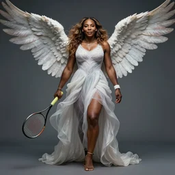 Full body Portrait of Serena Williams as Nike Goddess, large wings, luxuriant, dreamy, eternity, romantic, strong pose, highly detailed, in the style of Franz Xaver Winterhalter, highly detailed, in the style of Aetherpunk