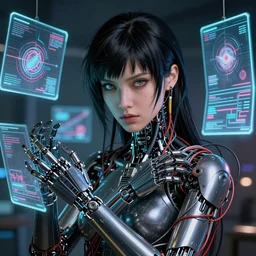 beauty woman alita wrapped in wires, surrounded by holograms, very detailed, dramatic lighting, detailed mechanical hands, electrical details, high details, 4k, 8k, trending on artstation, by Hajime Sorayama and Boris Vallejo