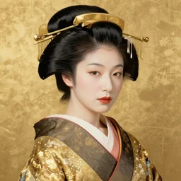 realistic portrait of japanese woman, golden, 1 4 5 0, ink, ultra realistic, 8 k