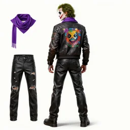 the joker with his neck fully tattooed, wearing scratched and ripped leather jeans, wearing an aviator outfit with a colorful stamp on its back, wearing a purple scarf, character sheet, fine details, props, concept design, contrast, kim jung gi, greg rutkowski, trending on artstation, 8 k, full body, turnaround, front, back, ultra wide angle
