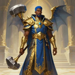 Picture of a male Cleric, black skin, blue short hair, short beard, dragon-inspired cloth robes, gold and blue, ornamental, hammer, wings, background depicting a temple, fantasy, dnd, d&d, illustration, digital painting, by akihiko yoshida, james jean andrei riabovitchev marc _ simonetti, yoshitaka amano, artstation
