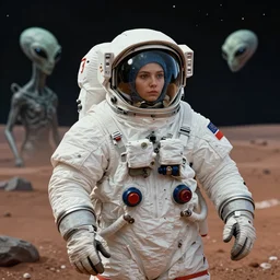 a soviet cosmonaut in mars mets for the first time with an alien civilization, sovietwave aesthetic, sci fi, soviet futurism, realistic, detailed picture, trending on artstation concept art