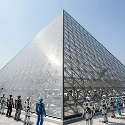 gleaming steel and glass pyramid reflecting the bright sun, millions of robot android humanoid masses