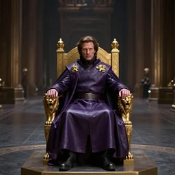 Cinematic wide view of a long hall, Christopher Walken as Emperor Shaddam IV, in Dune, wearing ornate Tyrian-purple regal leather uniform, with two golden-lion-pins on uniform, sitting on a golden throne with arm-rests shaped like lions, inside a darkly lit futuristic neo-Baroque hall, subdued colors, highly detailed, cinematography by Stanley Kubrick