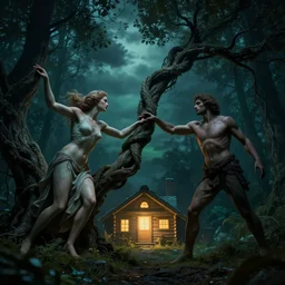 a recreation of the creation of adam, a woman and a man reach toward each other, a twisted tree has branches that intertwine their limbs, in front of a glowing log cabin at night, overcast skies, dark blues and greens, dark forest background, dark, nightmare, dreamlike, octane render, highly detailed, intricate detail, 4 k, 8 k, trending on artstation