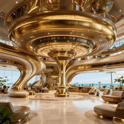 the lobby on the atlantis paradise, a retro futuristic spaceship made of brass bronze gold, art deco influence, hotel style design. bioshock, starship titanic. clean, well composed painting by artgerm and greg rutkowski