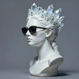 a bust of a cyberpunk goddess wearing a crystalline crown and sunglasses, side portrait, striking, defiant, spotlight, paint drips, paint splatter, vibrant colors, beautiful eyes, futuristic clothing, by marco paludet and gianni strino and marion bolognesi
