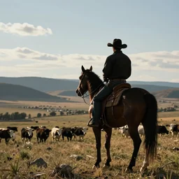 silhouette of a cowboy on horseback, watching over his cattle in a valley below as background, in the style of ansel adams, photorealistic, ornately detailed, 4 k