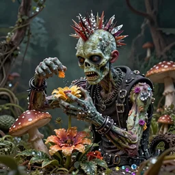 realistic portrait of a punk rock zombie turning into flowers fruit and mushrooms, botanical background, covered in crystals and glitter, atmospheric lighting, sculptural, highly intricate detail