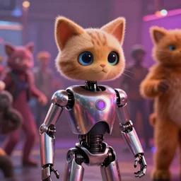 film still from the movie chappie of the robot chappie shiny metal indoor dance party rave scene bokeh depth of field several figures furry anthro anthropomorphic stylized cat ears head android service droid robot machine fursona