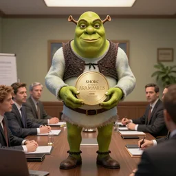shrek in business suit, office meeting, conference room, shrek in suit, tuxedo, concept art, artstation award, highly detailed