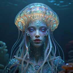 jellyfish woman hybrid, lovecraft scene, detailed portrait, 3 d, intricate details, by vincent di fate, artgerm, smooth gradients, octane render, 8 k, volumetric lightning, high contrast, depth of field, coherent face, deep ocean