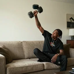 Travis Scott throwing a dumbell at a couch, inside his home, 4k, trending on artstation,