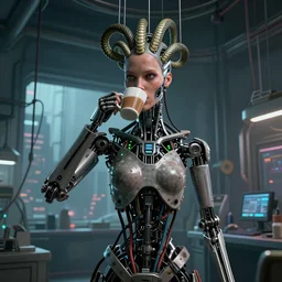 the upper torso of a terminator cyborg lady with borg implants, human face and robotic snakes coming out of her head is hanging from cables and wires off the ceiling of a lab. her bottom half is missing with cables hanging out. she is taking a sip from a cup of coffee. tiny green led lights in her cybernetics. sophisticated lab in the background, with dystopian city visible through the window. very detailed 8 k. horror cyberpunk style.