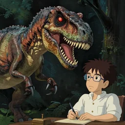 a very dull still from jurassic park ( 1 9 9 3 ) in the style of studio ghibli of a velociraptor clawing an old nerdy skinny scientist. paiting by studio ghibli. close up on the faces, perfect art, grimdark, trending on pixiv fanbox.