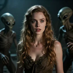 Horror film, cinematic tones. Scene where an alien attacks a woman.