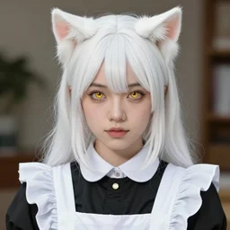 realistic beautiful gorgeous Anna Taylor-Joy white hair cute white cat ears in maid dress outfit golden eyes artwork drawn full HD 4K highest quality in artstyle by professional artists WLOP, Taejune Kim, Guweiz, ArtGerm on Artstation Pixiv