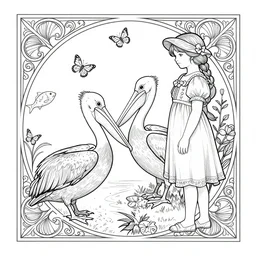 butterflies, fish, pelicans, girl, coloring book page, highly detailed, ornate, la belle epoque,