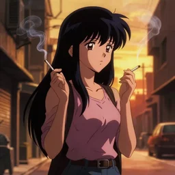 anime girl in dimly light golden gai smoking a cigarette during sunset, 8 0 s anime, kimagure orange road, sprite, yu - no, nostalgic