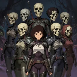 detailed, sharp, cute humanoid female warriors wearing skulls by Anna Dittmann and by studio ghibli and Tim Burton and Junji Ito and Zdzislaw Beksinski. digital art. surreal. featured on art station. anime arts. featured on Pixiv, HD, 8K, highly detailed, good lighting