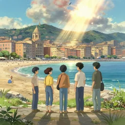 wholesome animation studio Ghibli of young guys on the beach in the city of Genova. Sharp bloom dramatic lightning. Sunny day.