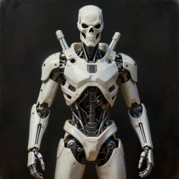 hyperrealistic mixed media painting of a humanoid terminator in off-white, stunning 3d render + perfect body symmetry + dim volumetric lighting, 8k octane beautifully detailed render, post-processing, extremely hyperdetailed, intricate futuristic mechanic parts, epic composition, grim yet sparkling atmosphere, cinematic lighting + masterpiece, trending on artstation